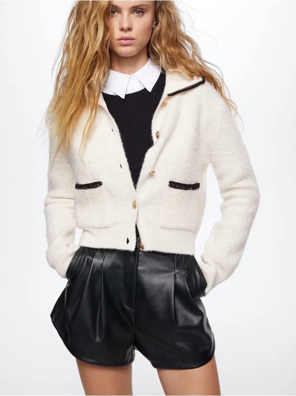 Mango Contrast Trims Cream/Black Button Up Cardigan